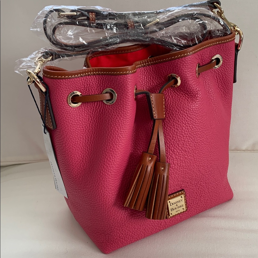 Dooney & Bourke Pink Pebble Leather Drawstring Shoulder Bag with Brown Trim